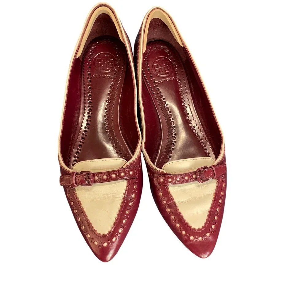 Tory Burch Burgundy White Wingtip Ballet Flats Women's Pointed Toe Buckle Detail